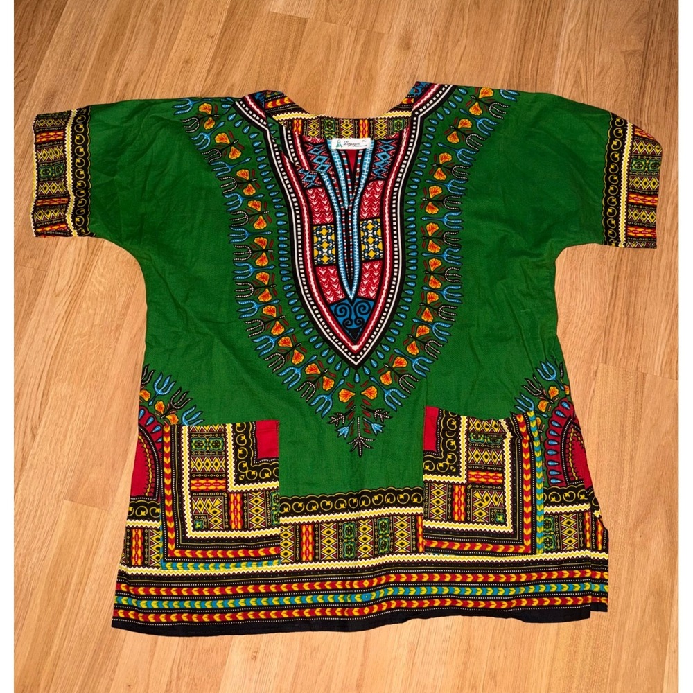 Lapogee Green Dashiki Tunic Top African Print V-Neck Short Sleeve XL